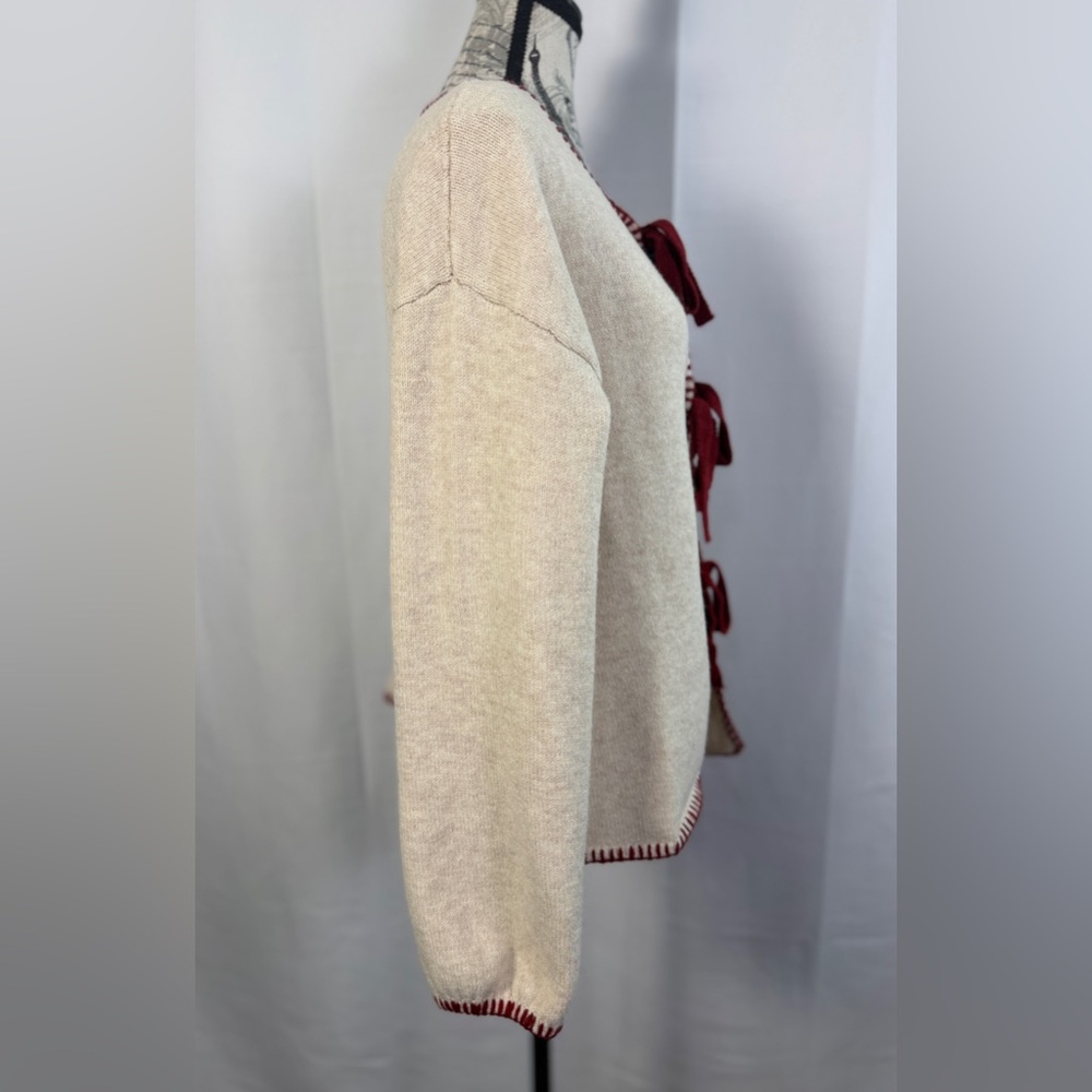 Sunday Edition Tie Front Cardigan Women Small Cream Burgundy Trim Cozy Boutique - Picture 4 of 11